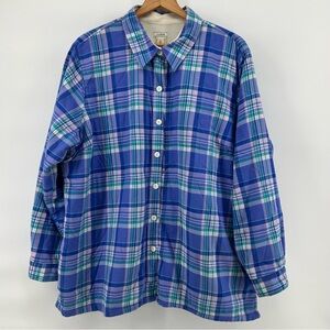 LL Bean Fleece Lined Shacket Womens 1X Blue‎ Plaid Cabincore Barn Chore
